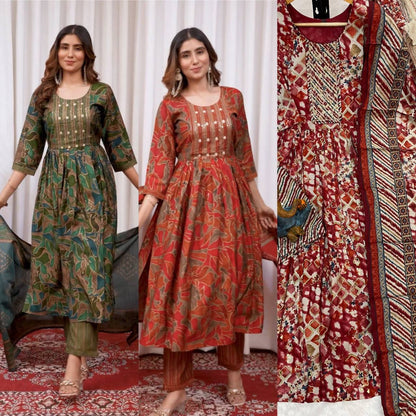 Premium Modal Print Kurti‑Pant‑Dupatta Set – Multi‑Thread Embroidery