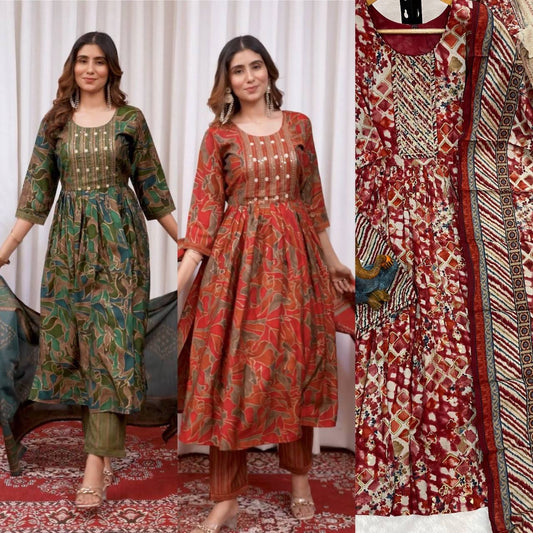 Premium Modal Print Kurti‑Pant‑Dupatta Set – Multi‑Thread Embroidery