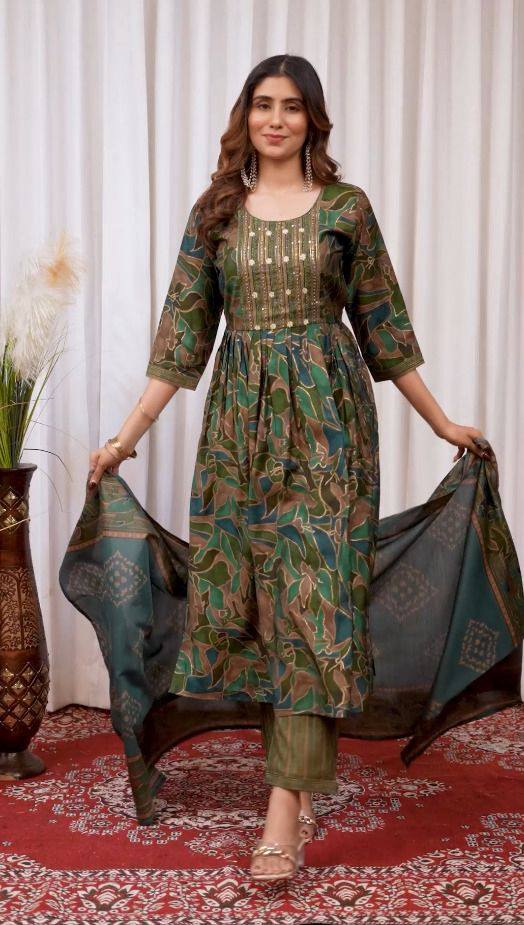Premium Modal Print Kurti‑Pant‑Dupatta Set – Multi‑Thread Embroidery
