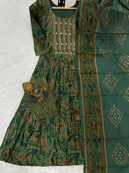 Premium Modal Print Kurti‑Pant‑Dupatta Set – Multi‑Thread Embroidery