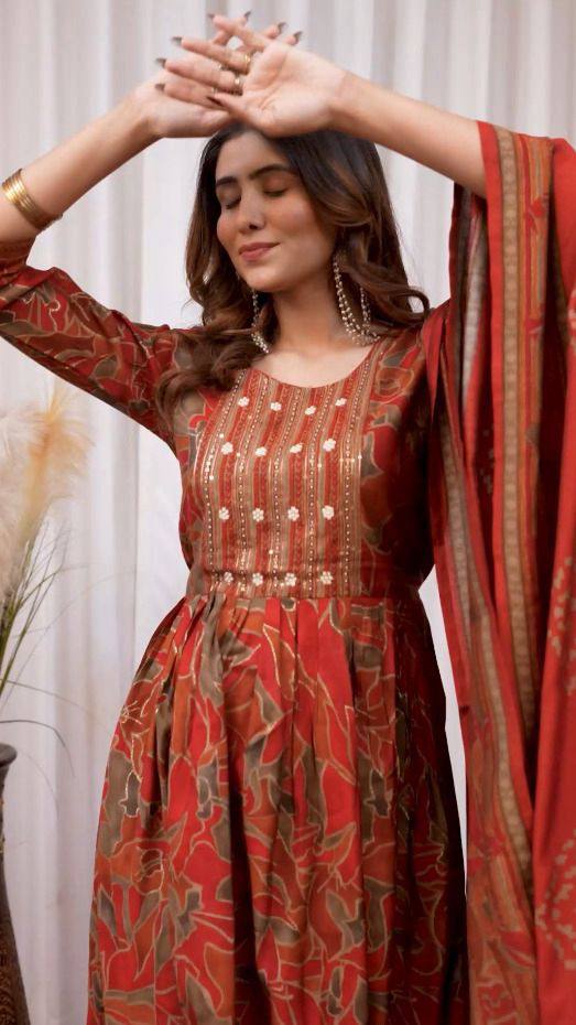 Premium Modal Print Kurti‑Pant‑Dupatta Set – Multi‑Thread Embroidery