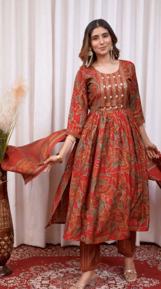 Premium Modal Print Kurti‑Pant‑Dupatta Set – Multi‑Thread Embroidery