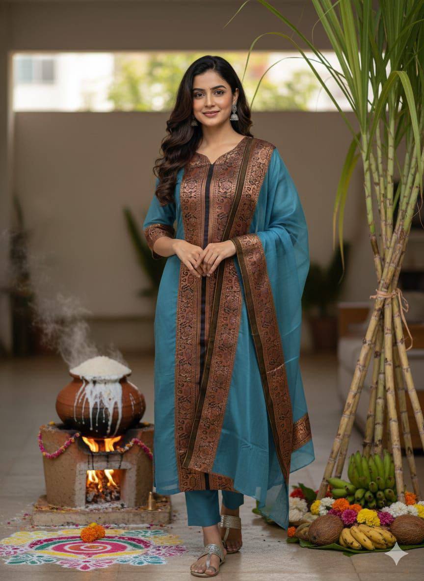 Premium Kanchi Cotton Kurti‑Dupatta Set – V‑Neck Design