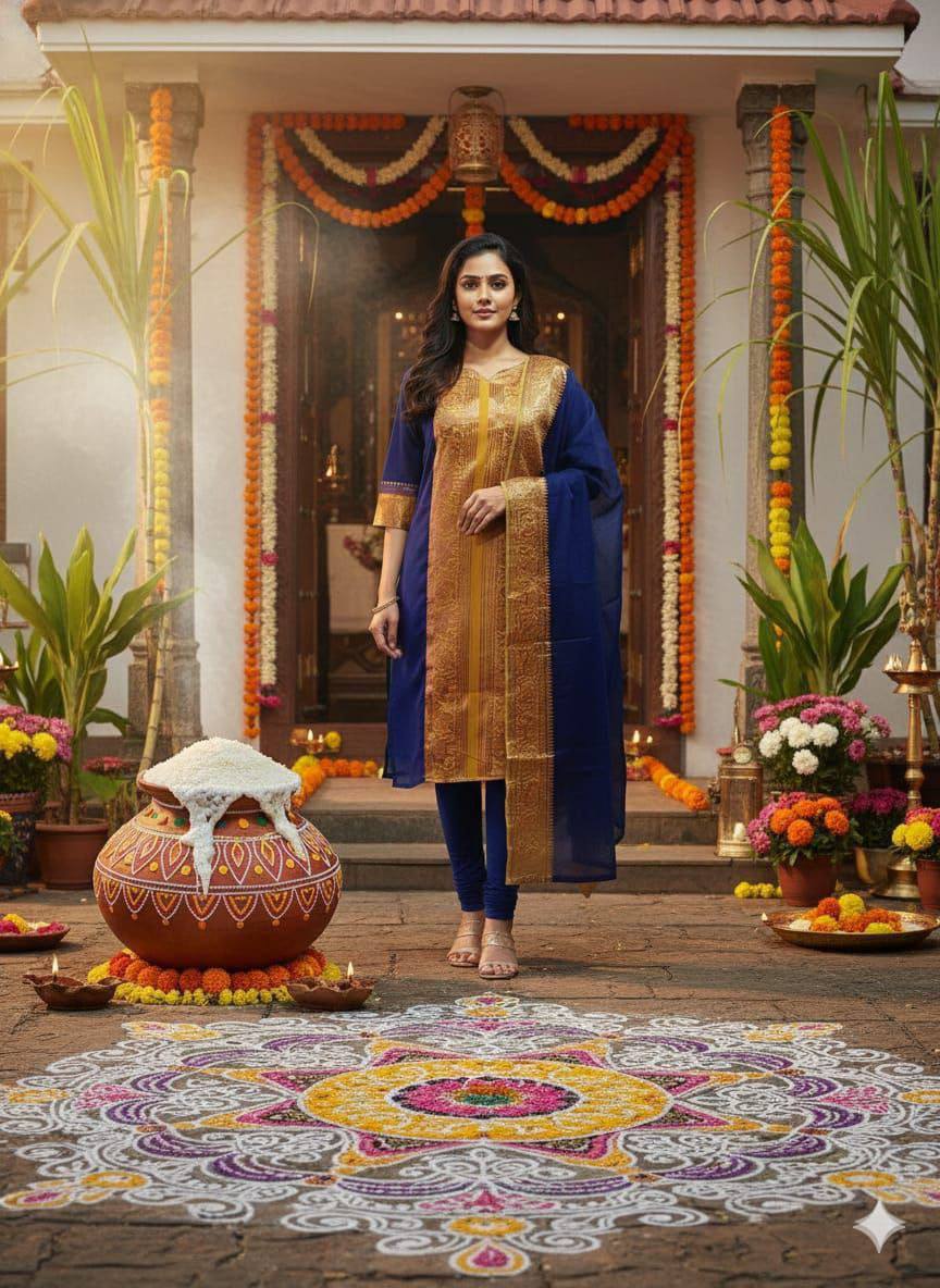 Premium Kanchi Cotton Kurti‑Dupatta Set – V‑Neck Design