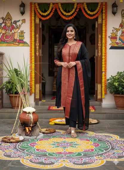 Premium Kanchi Cotton Kurti‑Dupatta Set – V‑Neck Design