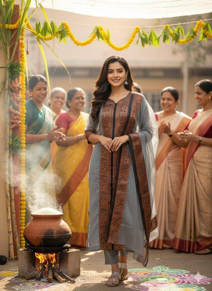 Premium Kanchi Cotton Kurti‑Dupatta Set – V‑Neck Design