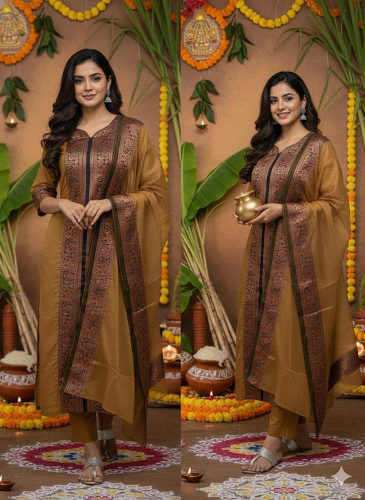 Premium Kanchi Cotton Kurti‑Dupatta Set – V‑Neck Design