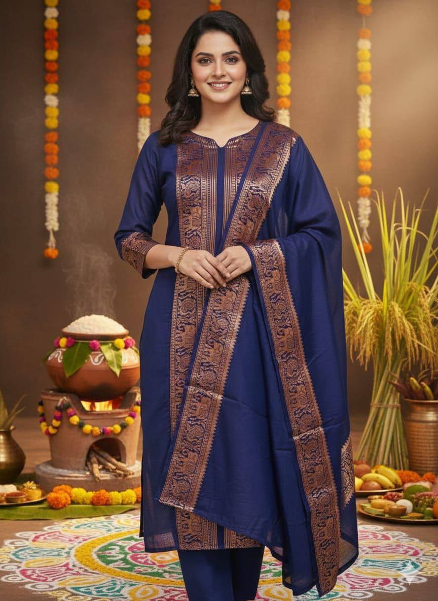 Premium Kanchi Cotton Kurti‑Dupatta Set – V‑Neck Design