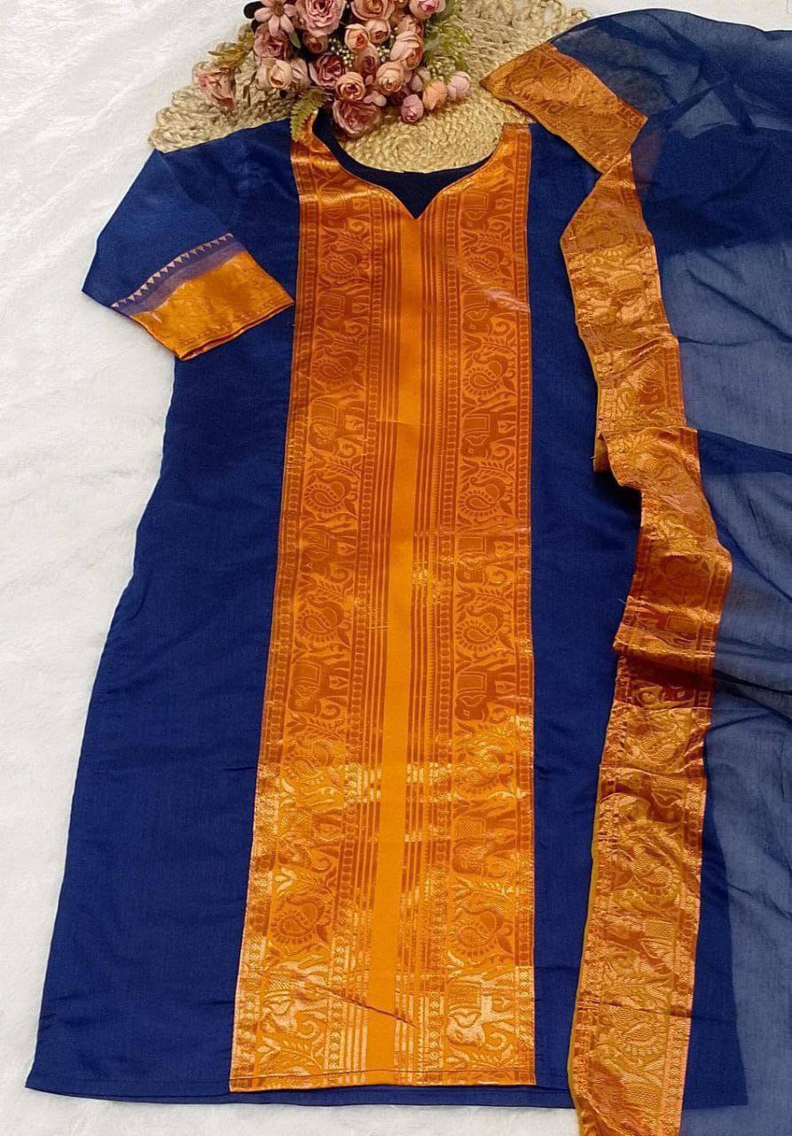 Premium Kanchi Cotton Kurti‑Dupatta Set – V‑Neck Design
