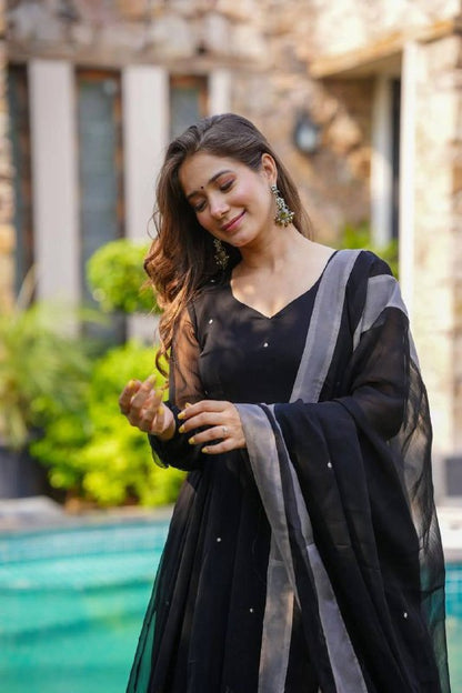 Premium Georgette Anarkali‑Plazzo‑Dupatta Set – Handpainted Floral Design