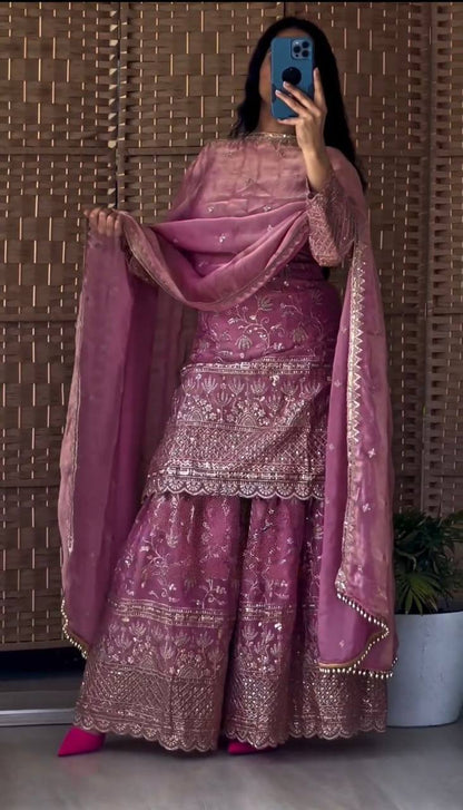 Premium Fandy Crushi Silk Top‑Sharara‑Dupatta Set