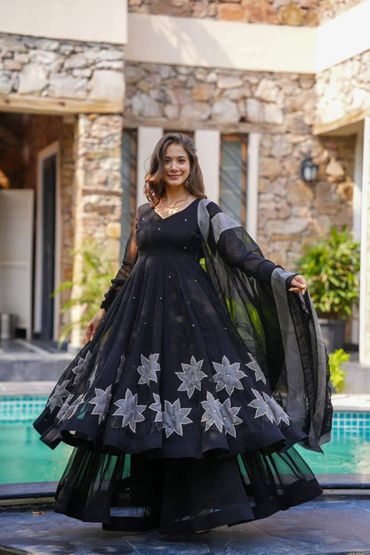 Premium Georgette Anarkali‑Plazzo‑Dupatta Set – Handpainted Floral Design