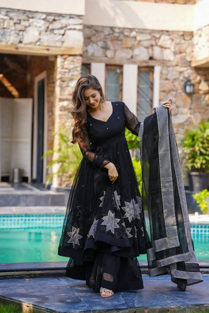 Premium Georgette Anarkali‑Plazzo‑Dupatta Set – Handpainted Floral Design