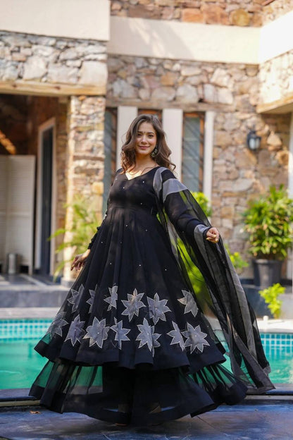 Premium Georgette Anarkali‑Plazzo‑Dupatta Set – Handpainted Floral Design