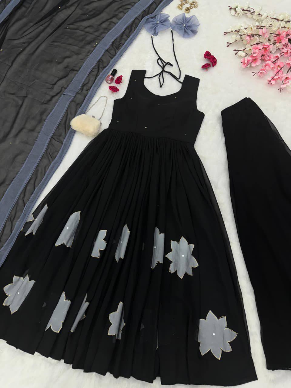 Premium Georgette Anarkali‑Plazzo‑Dupatta Set – Handpainted Floral Design
