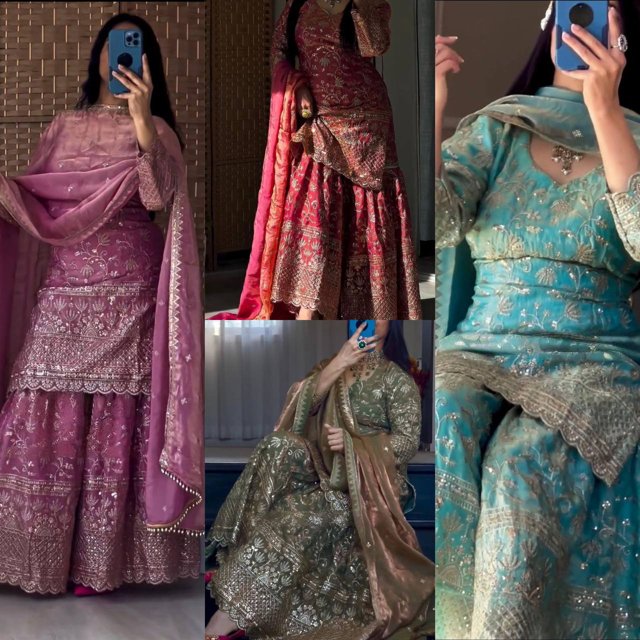 Premium Fandy Crushi Silk Top‑Sharara‑Dupatta Set