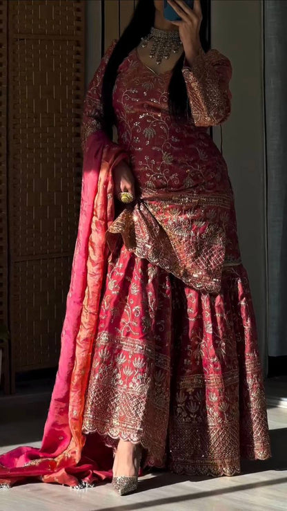 Premium Fandy Crushi Silk Top‑Sharara‑Dupatta Set