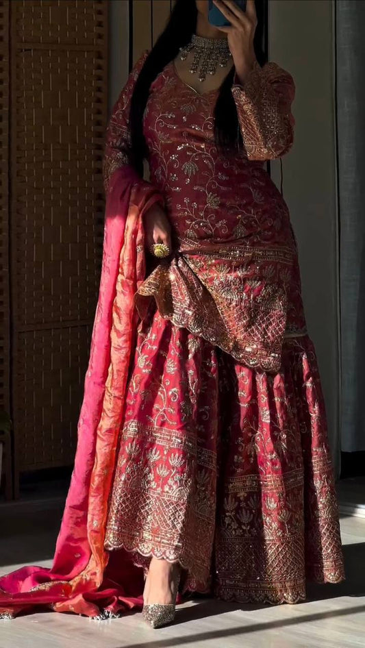 Premium Fandy Crushi Silk Top‑Sharara‑Dupatta Set