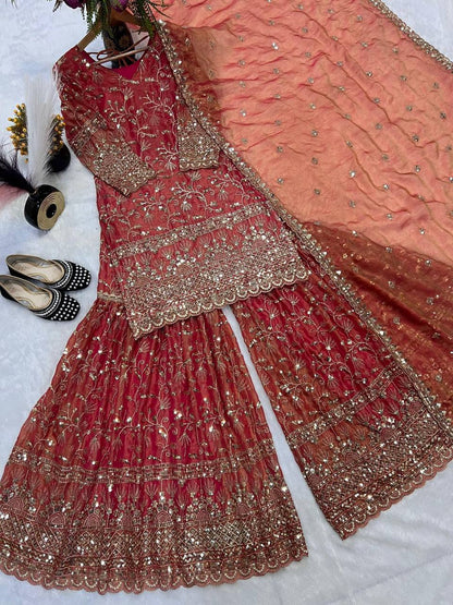 Premium Fandy Crushi Silk Top‑Sharara‑Dupatta Set