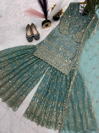 Premium Fandy Crushi Silk Top‑Sharara‑Dupatta Set