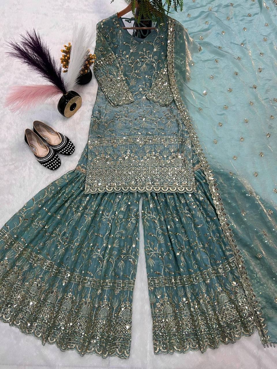 Premium Fandy Crushi Silk Top‑Sharara‑Dupatta Set