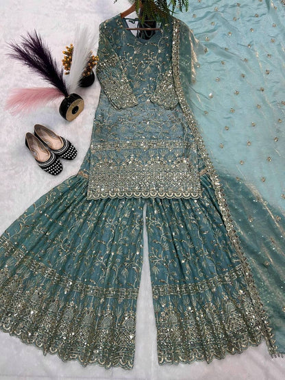 Premium Fandy Crushi Silk Top‑Sharara‑Dupatta Set
