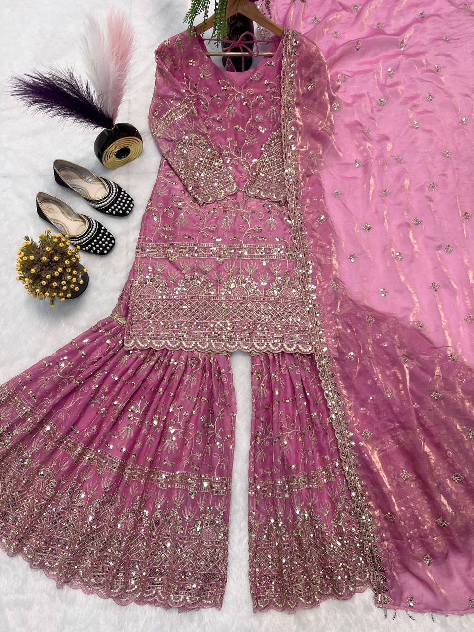 Premium Fandy Crushi Silk Top‑Sharara‑Dupatta Set