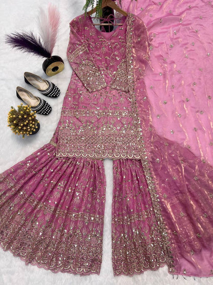 Premium Fandy Crushi Silk Top‑Sharara‑Dupatta Set