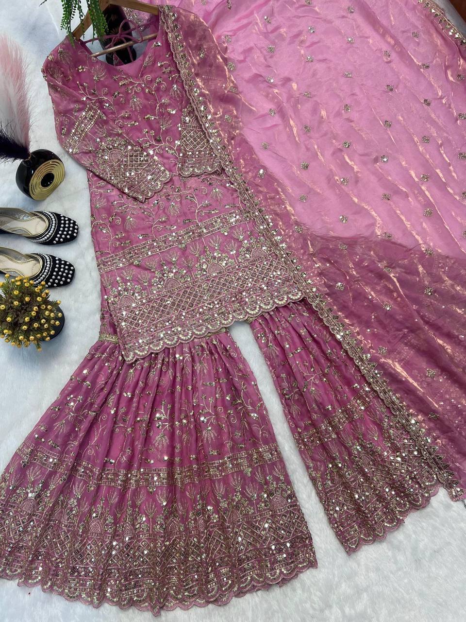 Premium Fandy Crushi Silk Top‑Sharara‑Dupatta Set