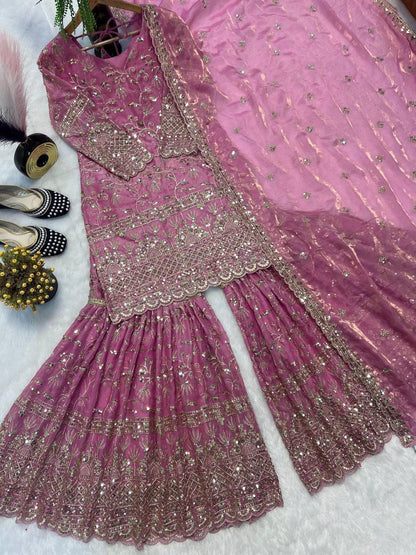 Premium Fandy Crushi Silk Top‑Sharara‑Dupatta Set