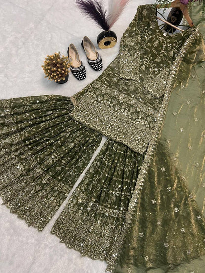 Premium Fandy Crushi Silk Top‑Sharara‑Dupatta Set