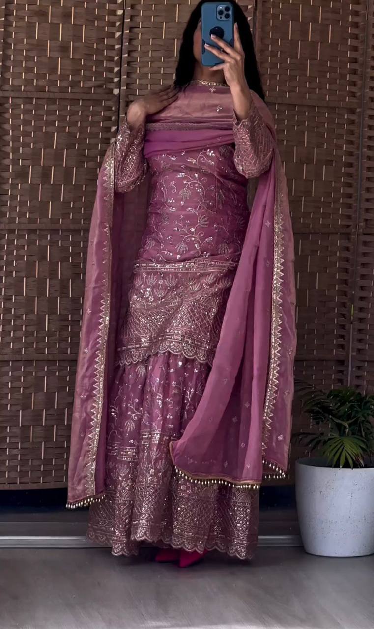 Premium Fandy Crushi Silk Top‑Sharara‑Dupatta Set
