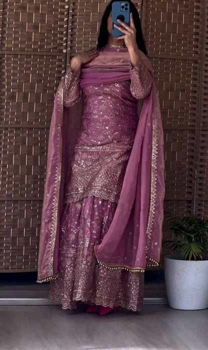 Premium Fandy Crushi Silk Top‑Sharara‑Dupatta Set