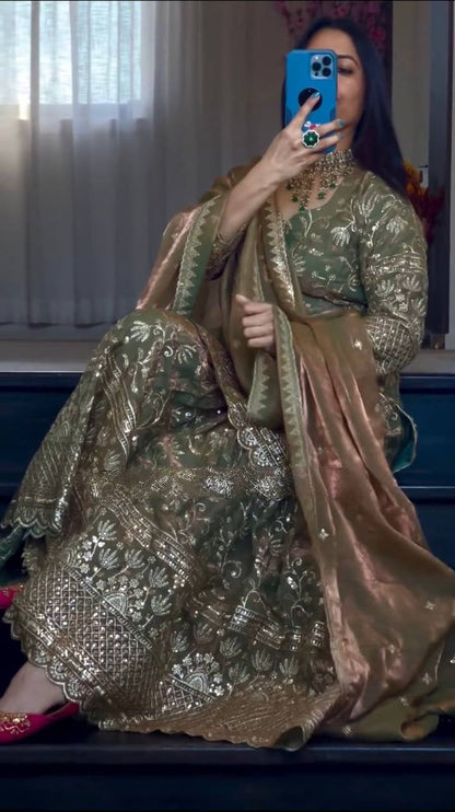 Premium Fandy Crushi Silk Top‑Sharara‑Dupatta Set