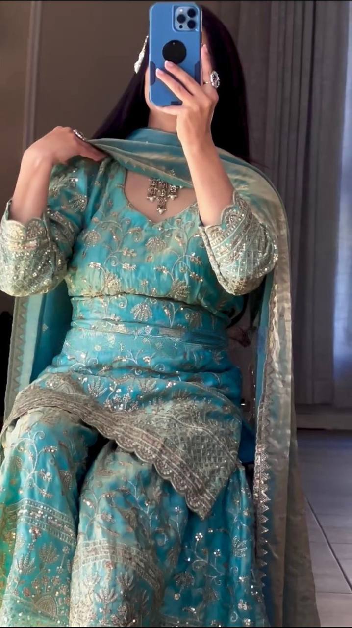 Premium Fandy Crushi Silk Top‑Sharara‑Dupatta Set
