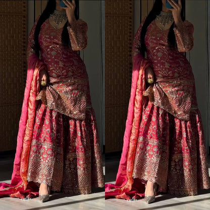 Premium Fandy Crushi Silk Top‑Sharara‑Dupatta Set