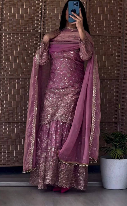 Premium Fandy Crushi Silk Top‑Sharara‑Dupatta Set