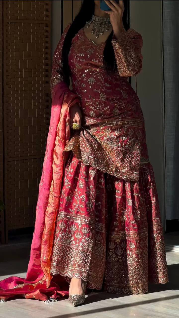 Premium Fandy Crushi Silk Top‑Sharara‑Dupatta Set
