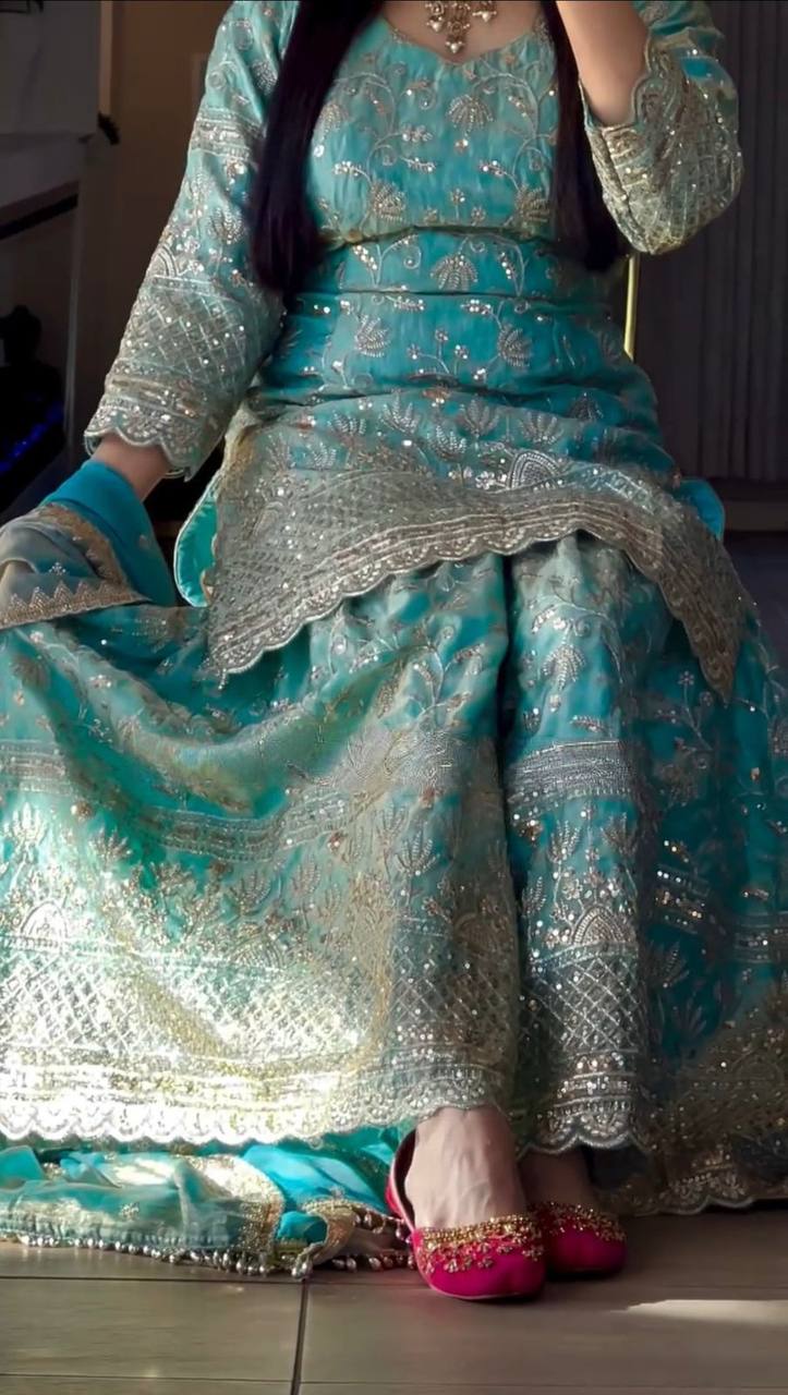 Premium Fandy Crushi Silk Top‑Sharara‑Dupatta Set