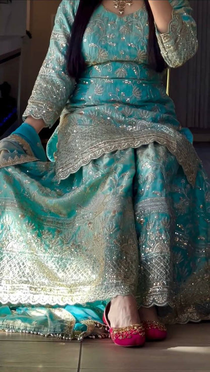 Premium Fandy Crushi Silk Top‑Sharara‑Dupatta Set