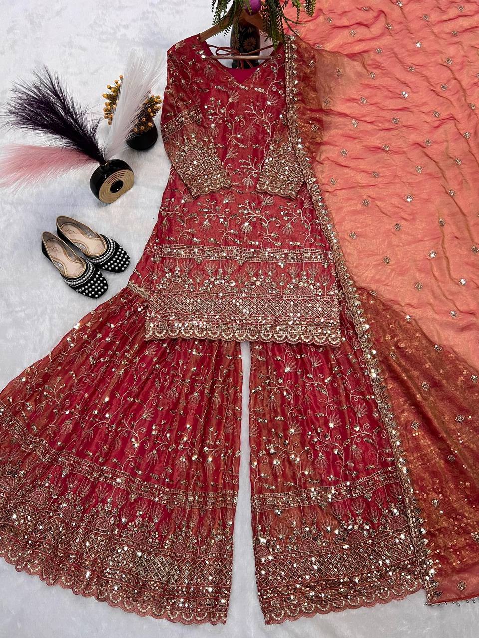 Premium Fandy Crushi Silk Top‑Sharara‑Dupatta Set
