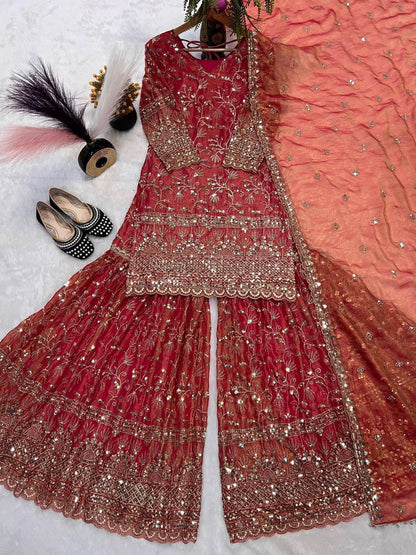 Premium Fandy Crushi Silk Top‑Sharara‑Dupatta Set