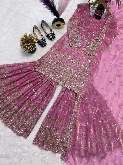 Premium Fandy Crushi Silk Top‑Sharara‑Dupatta Set