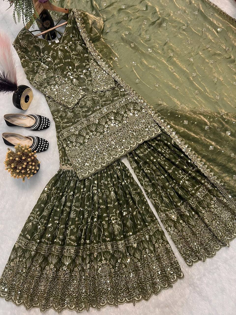 Premium Fandy Crushi Silk Top‑Sharara‑Dupatta Set