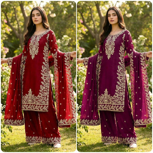 Premium GMY Silk Top‑Plazzo‑Dupatta Set – Heavy Sequins Embroidery