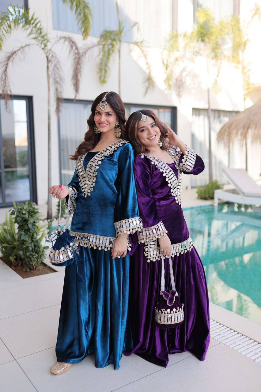 Premium Ice Velvet Top‑Palazzo‑Batwa Set – Zari Embroidery & Real Mirror Work