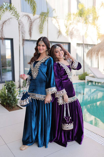 Premium Ice Velvet Top‑Palazzo‑Batwa Set – Zari Embroidery & Real Mirror Work