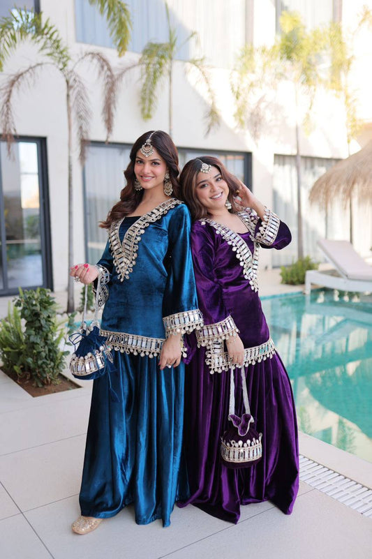 Premium Ice Velvet Top‑Palazzo‑Batwa Set – Zari Embroidery & Real Mirror Work