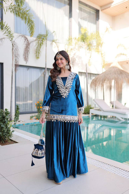 Premium Ice Velvet Top‑Palazzo‑Batwa Set – Zari Embroidery & Real Mirror Work