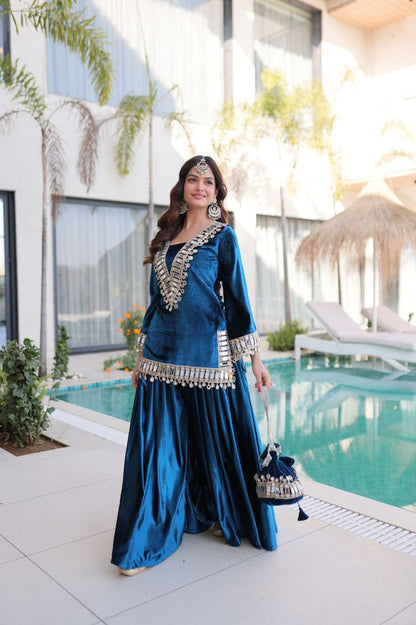 Premium Ice Velvet Top‑Palazzo‑Batwa Set – Zari Embroidery & Real Mirror Work